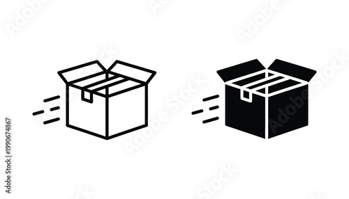 Fast delivery service icon set open cardboard box with speed lines vector graphic illustration