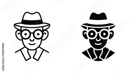 Detective character icon set fedora hat and round glasses vector graphic illustration