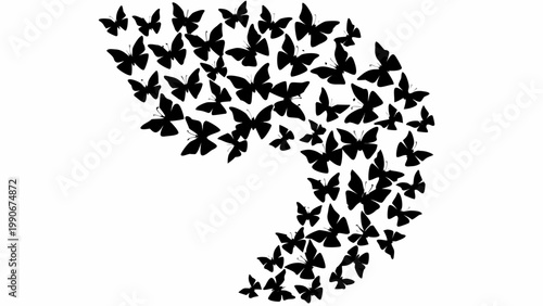 A graceful swarm of numerous black butterfly silhouettes of varying sizes curves dynamically upwards, creating an elegant and flowing artistic composition against a pristine white background.