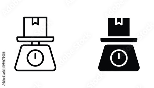 Logistics and shipping parcel scale icon set in outline and solid black styles for e-commerce and inventory management applications