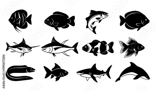 Fish silhouette vector icon set aquatic marine illustration design