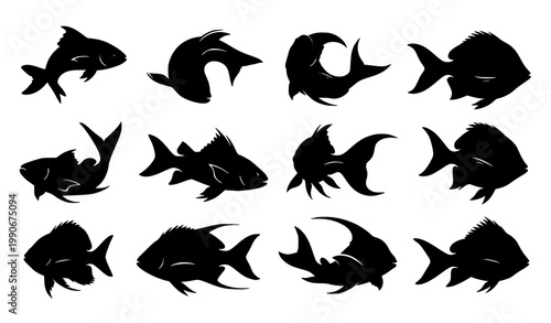 Fish silhouette vector set swimming aquatic marine illustration