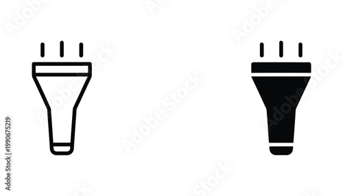 Flashlight tool icon set with outline and solid styles for lighting and exploration or search equipment design elements on a minimalist white background
