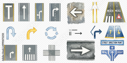 Collection of various road and street direction signs, arrows, and markings for navigation and traffic guidance.