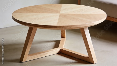  features a modern, minimalist-style round coffee table. The table is made of light-colored wood, showcasing a smooth, polished surface. It has a simple, elegant design with a circular tabletop suppor