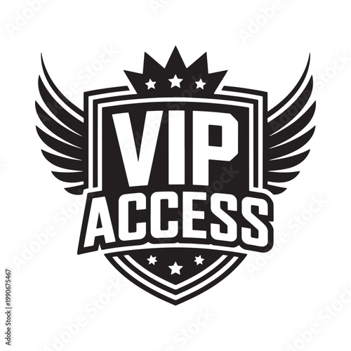 Black and white vip access badge with wings and stars design