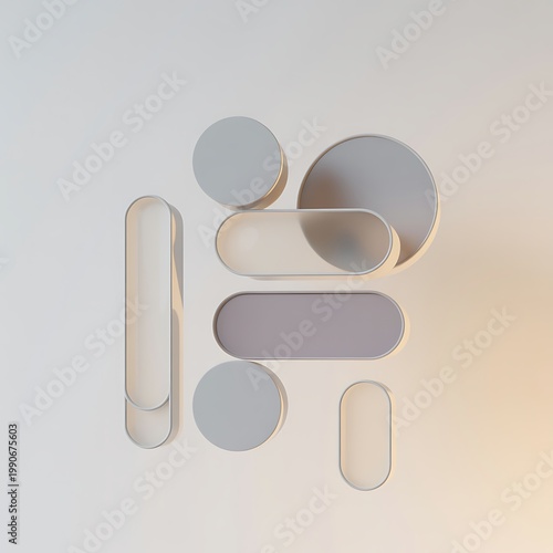 Minimalist Abstract Geometric Composition Featuring Rounded Rectangles and Circles in Soft Pastel Hues with Subtle Lighting and Shadows Creating a Clean and Modern Aesthetic for Backgrounds or