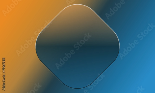 A dark, rounded diamond shape with a reflective surface centered on an orange and blue gradient background.