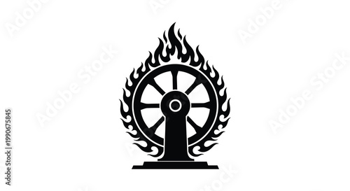 A striking black dharma wheel design with flames a powerful buddhist symbol silhouette
