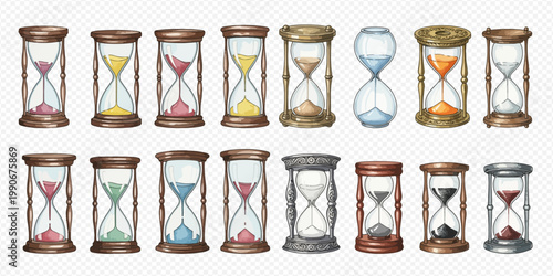 Collection of various hourglasses with colorful sand, representing time measurement and passage of moments.