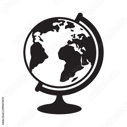 A black and white illustration depicting a vintage terrestrial globe