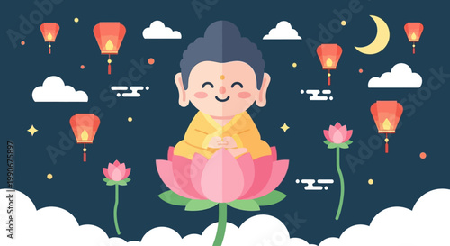 Adorable flat design Buddha character celebrating Vesak Day with lanterns and soft colors.