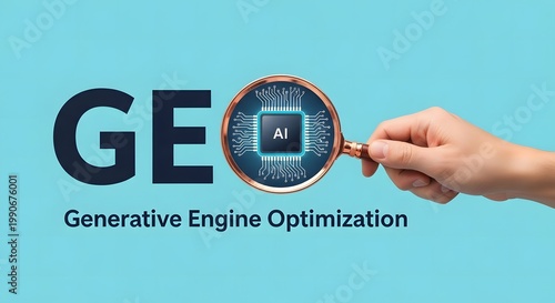 Generative engine optimization geo acronym with magnifying glass focusing on artificial intelligence microprocessor chip on blue background.
