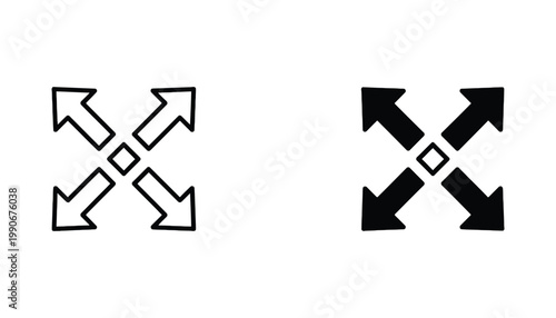 Four directional arrows expanding from center square vector icon set in outline and solid black styles for interface resizing and full screen mode isolated on white background