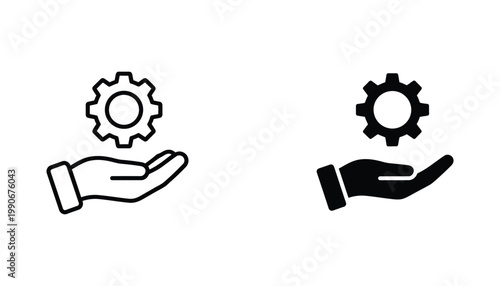 Hand holding gear mechanical cogwheel symbol vector icon set in outline and solid black styles representing maintenance and engineering service isolated on white background
