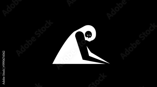 Abstract silhouette of human figure with skull head on black background