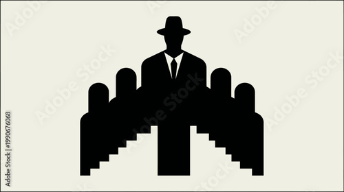 Abstract silhouette of a person in a hat standing above others