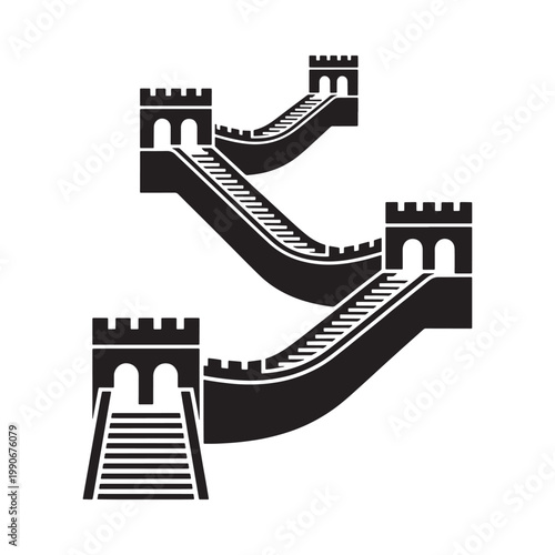 Abstract black and white illustration of a winding great wall structure