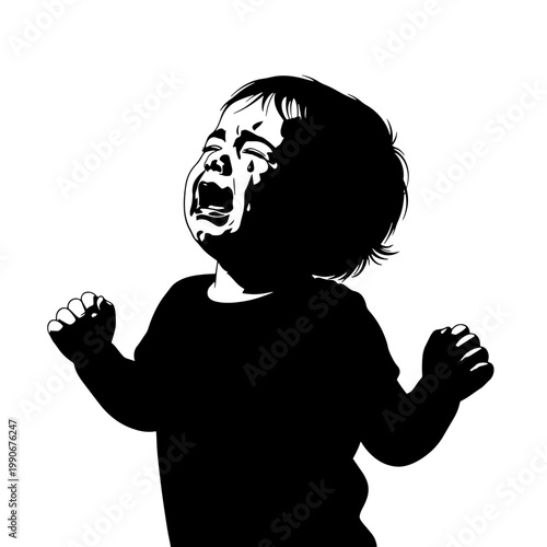 A black and white illustration of a baby crying with tears and an open mouth, hands clenched in distress.
