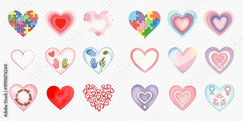Collection of various watercolor heart illustrations with different textures and designs, perfect for love and romance concepts.