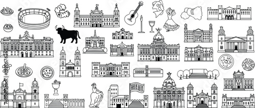 Comprehensive collection of Spain landmarks, culture, architecture, and traditional food icons for travel, tourism, and European exploration design.