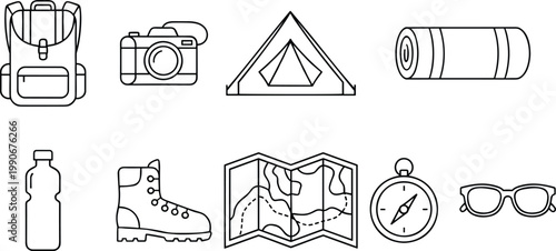Set of essential camping and hiking equipment line icons for outdoor adventure, travel, trekking, and exploration design projects.