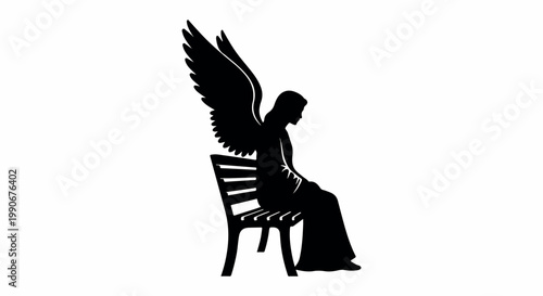 A silhouetted winged figure sits on a park bench in quiet contemplation against a stark white background