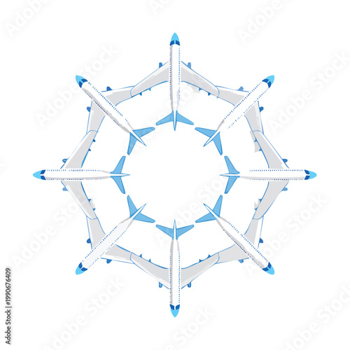 Aerial view of airplanes arranged in a circular formation against a white backdrop