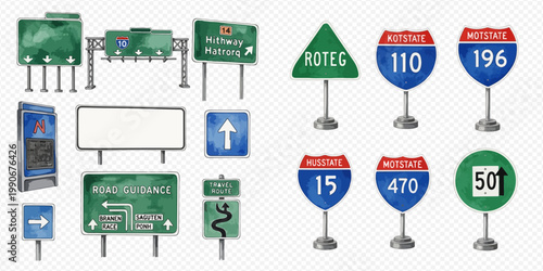 Set of various watercolor road signs and highway markers for navigation and travel information.