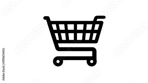 Black shopping cart icon on white background for commercial and digital use