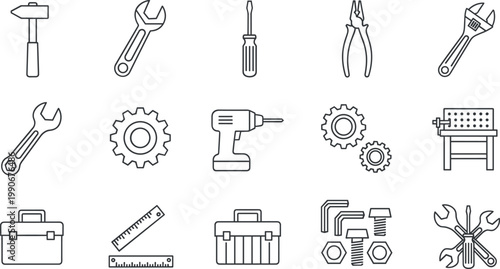 Comprehensive set of black and white line art vector icons featuring construction hand tools power tools and workshop equipment.