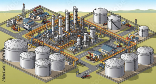 Aerial view of industrial oil refinery storage tanks complex.
