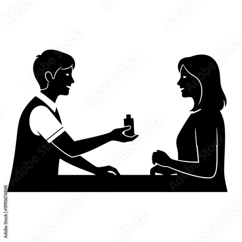 A black and white silhouette illustration of a person handing a bottle to another person across a counter, depicting a transaction or service.