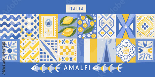 Italian inspired tile patterns with lemons fish and amalfi coast imagery