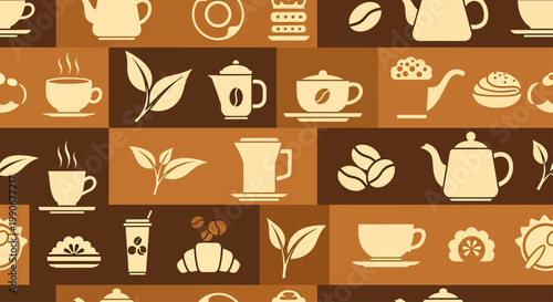 A coffee and tea pattern with various drinks and food items