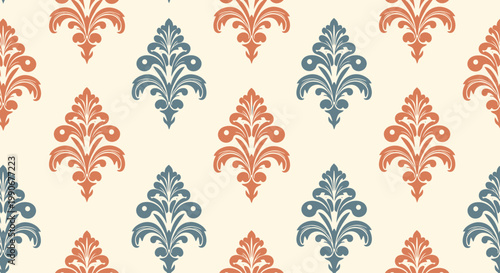 Repeating damask pattern with alternating orange and blue floral motifs on cream