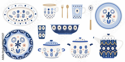 Blue and white patterned ceramic dinnerware set arranged on a white background