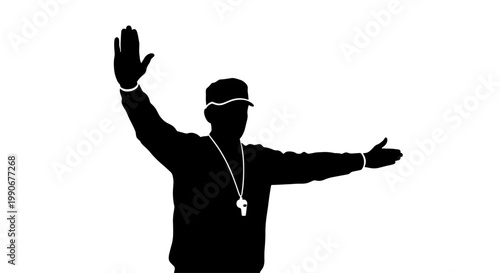 Silhouette of a referee or coach signaling with one arm raised and the other extended horizontally, wearing a cap and whistle.