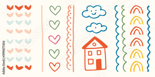 Colorful doodle art featuring hearts rainbows houses and abstract shapes