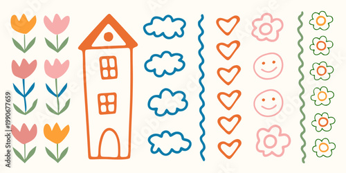 Child s drawing featuring a house flowers hearts and whimsical clouds