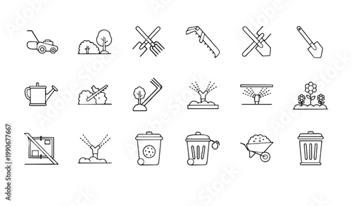 Landscaping line icons set with garden tools outdoor maintenance and nature care symbols editable stroke vector collection