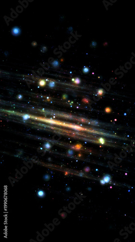 Glowing colorful particles and lines on black background.