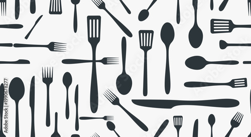 Dark silhouette cutlery and utensils scattered on a white background