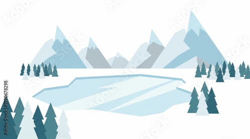 Minimalist winter mountain landscape with frozen lake and evergreen trees