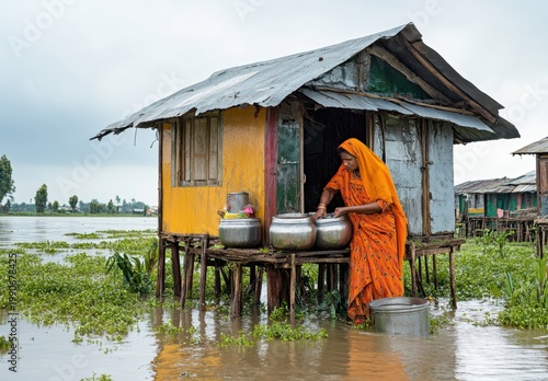 Woman in Orange Sari at Stilt House, Khulna Bangladesh