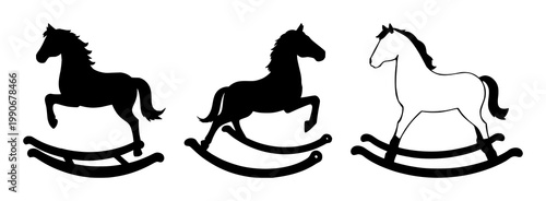 Rocking horse set with black silhouette on white background featuring horse, playground, equestrian with silhouette and background