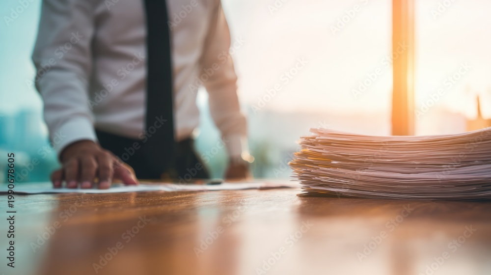 Obraz premium Businessman at work examining documents during sunset