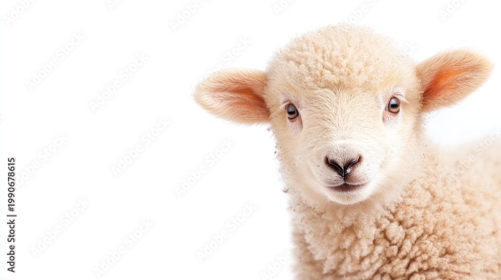 Fototapeta premium Lamb's Gentle Gaze: A close-up view of an adorable lamb. its soft, fluffy coat. The lamb's innocent expression and the gentle light enhance the tender atmosphere.