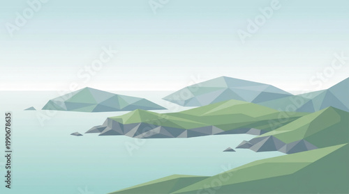 Minimalist low poly landscape illustration of coastal hills and sea