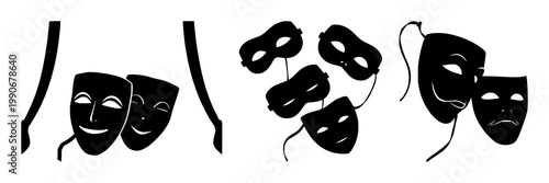 Theatre masks set with black silhouette against white background featuring theatrical masks, stage décor, dramatic face art with silhouette and background